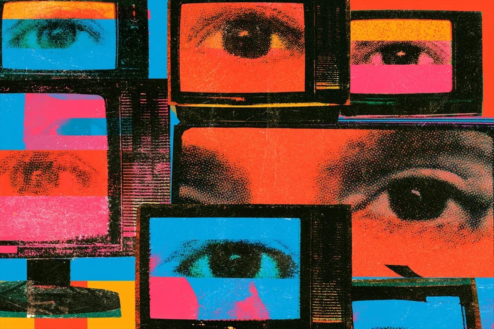 A grid of screens and eyes in the Airborne palette
